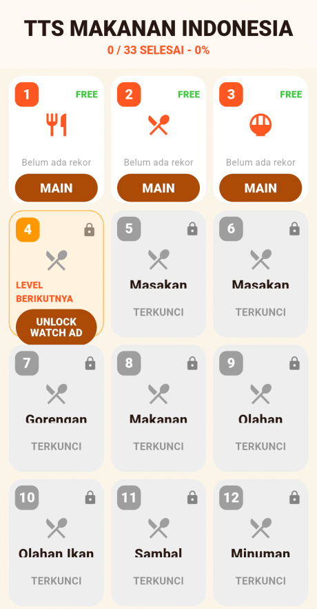 TTS Makanan Indonesia – Game Teka-Teki Silang Kuliner Nusantara, 33 Level!